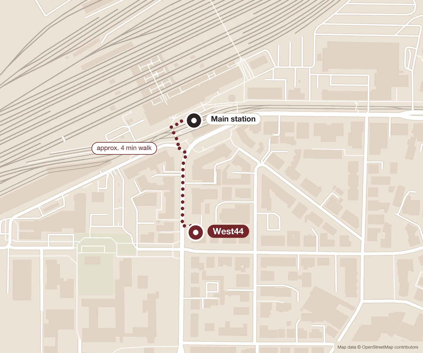 Map: walking route from Heilbronn main station to West44 at Weststraße 44, about 4 minutes