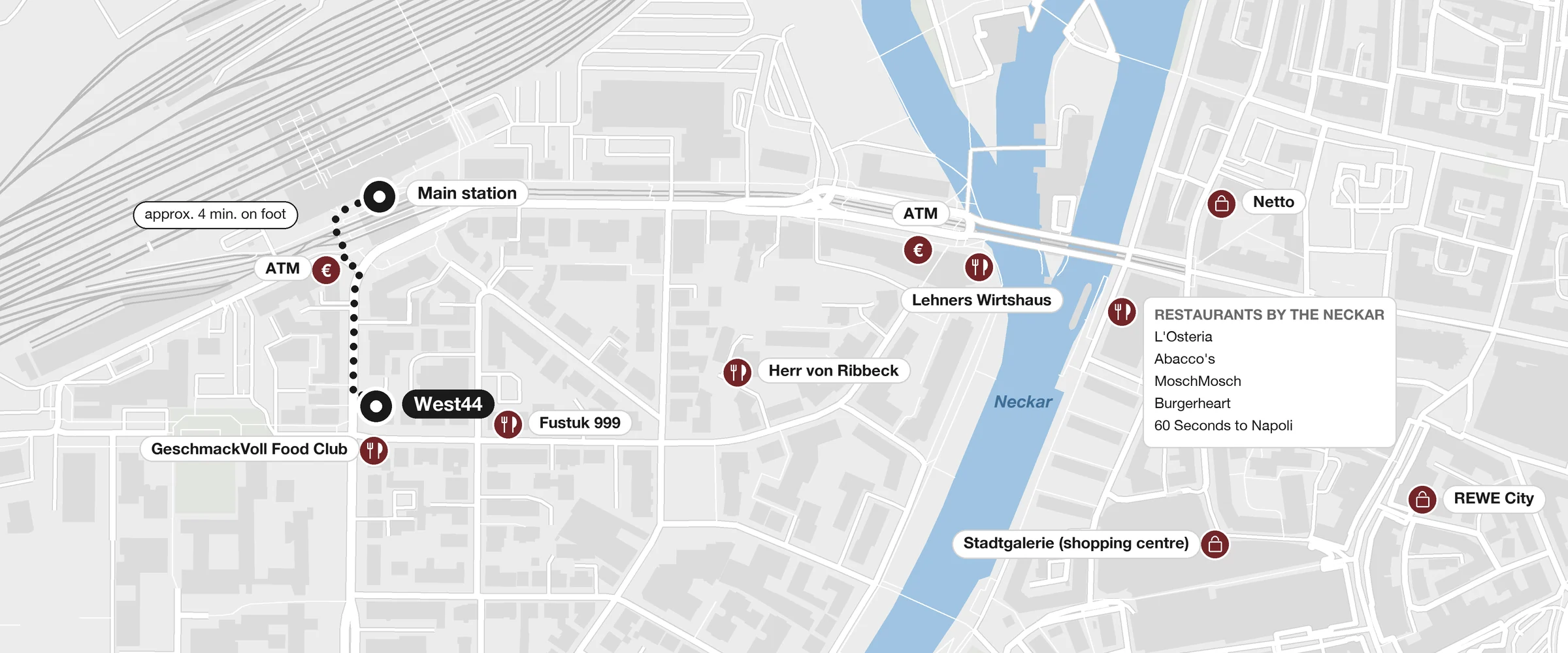 Map: West44 at Weststraße 44 with the walking route to the main station, supermarkets, restaurants, ATMs and the Neckar