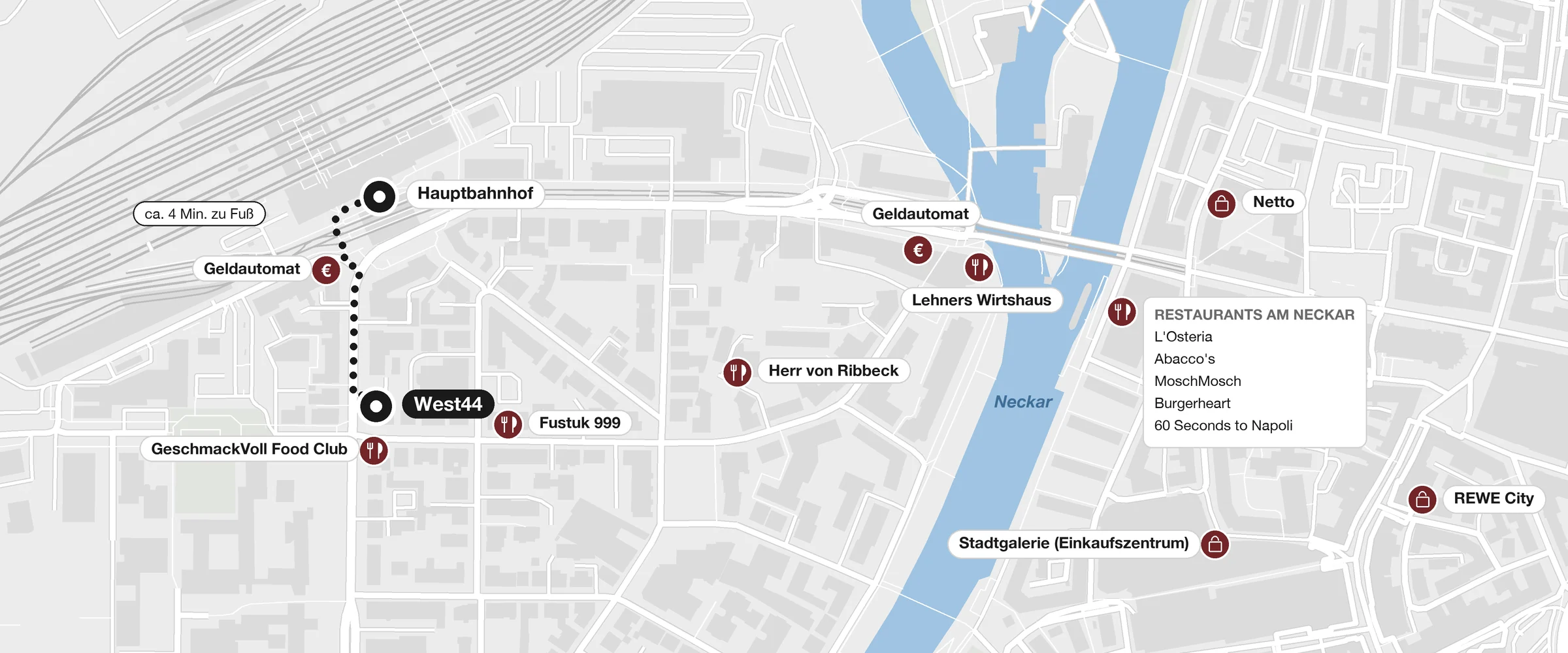 Lageplan: West44 in der Weststraße 44 mit Fußweg zum Hauptbahnhof, Supermärkten, Restaurants, Geldautomaten und dem Neckar