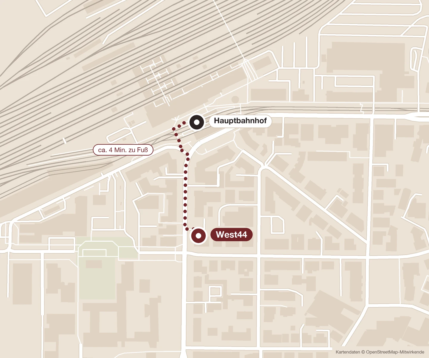 Lageplan: Fußweg vom Hauptbahnhof Heilbronn zu West44 in der Weststraße 44, etwa 4 Minuten